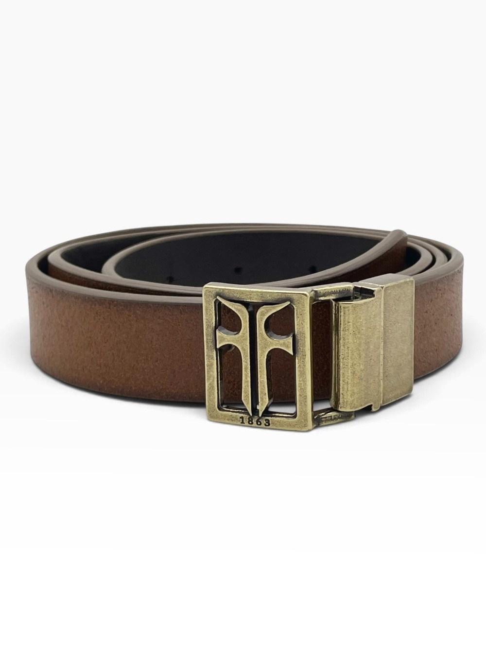 Frye Reversible Leather Belt M Brown Dark Brown Cognac Antique Brass Logo Buckle